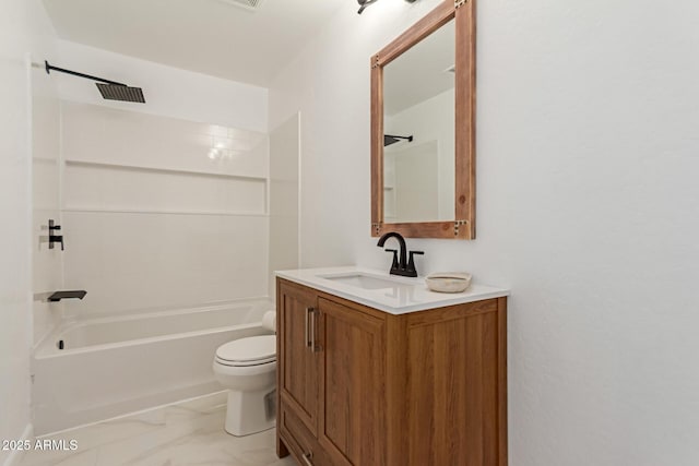 full bath featuring toilet, marble finish floor, bathtub / shower combination, and vanity