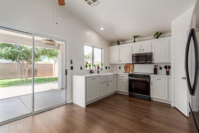 kitchen featuring vaulted ceiling, dark wood-type flooring, visible vents, appliances with stainless steel finishes, and a sink