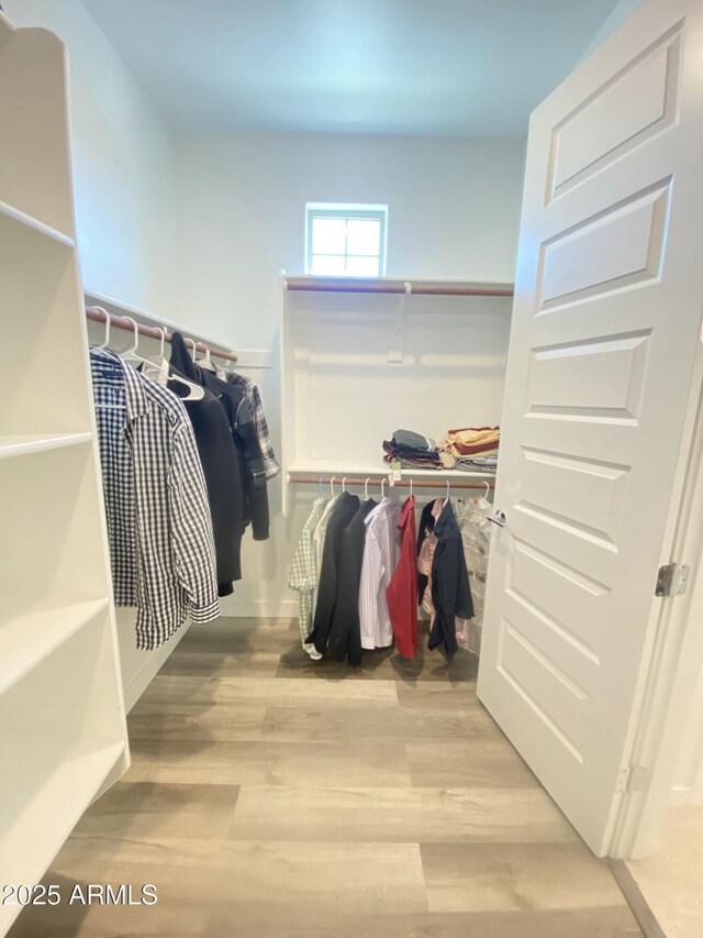 walk in closet with light wood-type flooring