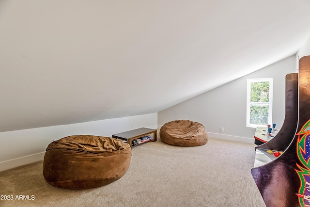 living area with carpet flooring and vaulted ceiling