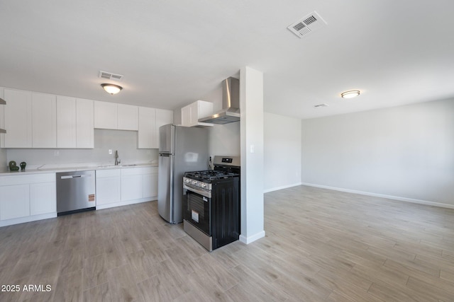 4207 W Culver St, Phoenix, AZ 85009 - kitchen featuring appliances with stainless steel finishes, wall chimney exhaust hood, light countertops, light wood-type flooring, and white cabinets