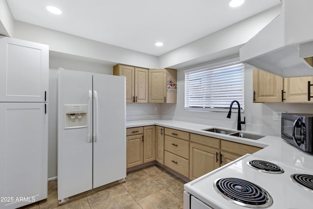 kitchen with light brown cabinets, sink, white appliances, and ventilation hood