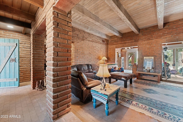 unfurnished living room with wooden ceiling, beamed ceiling, and brick wall