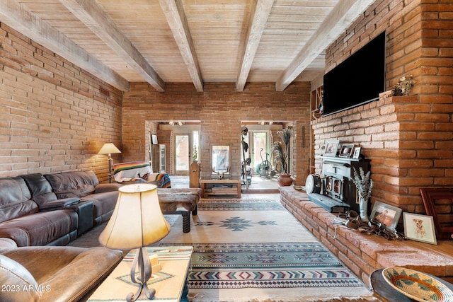 living room featuring wood ceiling, beamed ceiling, and brick wall