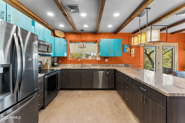 kitchen with hanging light fixtures, kitchen peninsula, stainless steel appliances, and beam ceiling