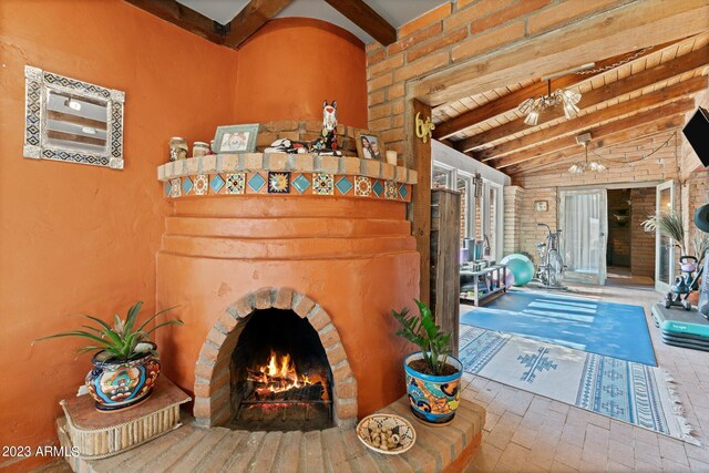 interior space featuring a fireplace and an inviting chandelier