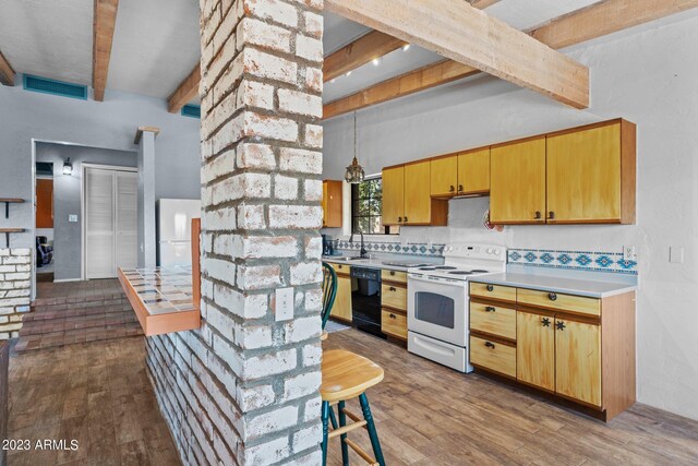 kitchen featuring decorative light fixtures, black dishwasher, wood-type flooring, beam ceiling, and white range with electric cooktop