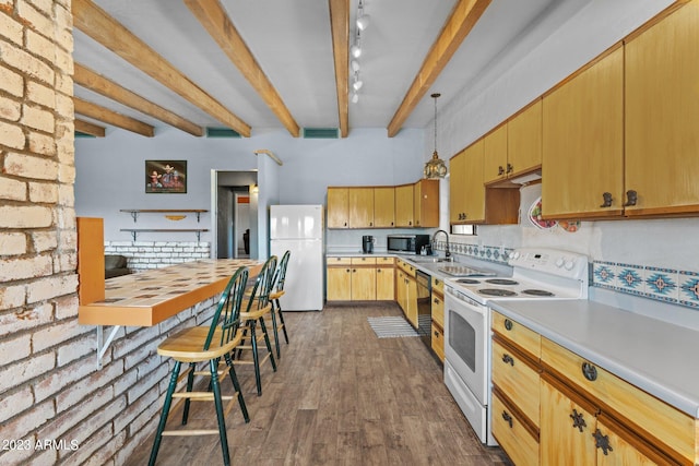 kitchen featuring hanging light fixtures, white appliances, dark hardwood / wood-style flooring, brick wall, and beam ceiling