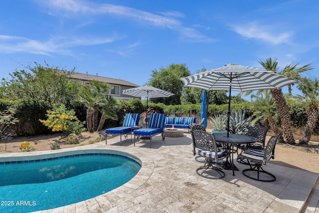10359 E Los Lagos Vista Ave, Mesa, AZ 85209 - swimming pool featuring an outdoor fire pit and a patio