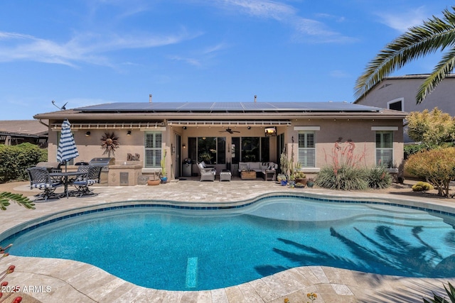 10359 E Los Lagos Vista Ave, Mesa, AZ 85209 - swimming pool with outdoor lounge area, a patio area, outdoor dining space, and ceiling fan