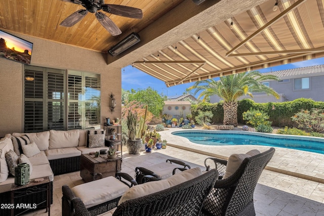 10359 E Los Lagos Vista Ave, Mesa, AZ 85209 - view of patio with outdoor lounge area, a fenced backyard, and a ceiling fan
