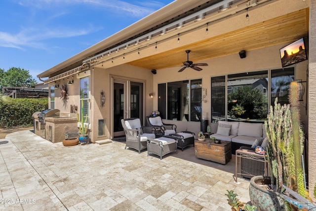 10359 E Los Lagos Vista Ave, Mesa, AZ 85209 - view of patio with exterior kitchen, ceiling fan, outdoor lounge area, and a grill