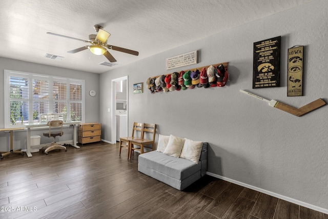 10359 E Los Lagos Vista Ave, Mesa, AZ 85209 - living area featuring ceiling fan, wood finished floors, baseboards, and a textured wall
