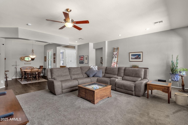 10359 E Los Lagos Vista Ave, Mesa, AZ 85209 - living room featuring a ceiling fan, baseboards, wood finished floors, and recessed lighting