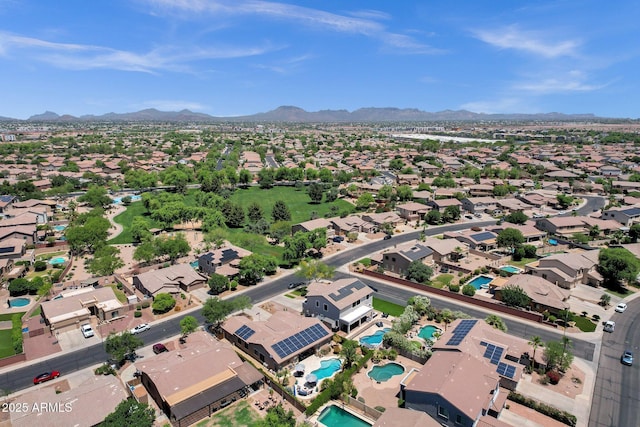 10359 E Los Lagos Vista Ave, Mesa, AZ 85209 - aerial view of property's location with a mountainous background, a pool area, and nearby suburban area