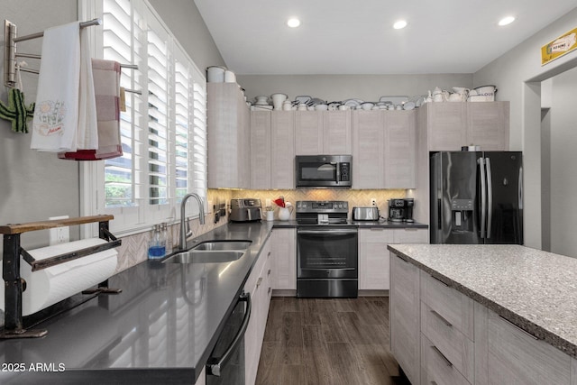 10359 E Los Lagos Vista Ave, Mesa, AZ 85209 - kitchen with stainless steel microwave, black refrigerator with ice dispenser, electric stove, a sink, and dishwasher