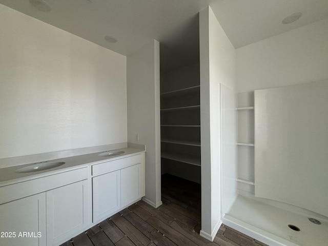 bathroom with wood-type flooring and vanity