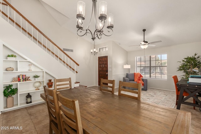 15621 S 37th Way, Phoenix, AZ 85048 - tiled dining room with stairway, visible vents, baseboards, built in features, and ceiling fan with notable chandelier