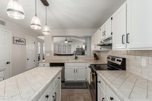 15621 S 37th Way, Phoenix, AZ 85048 - kitchen featuring tile counters, under cabinet range hood, a sink, and appliances with stainless steel finishes
