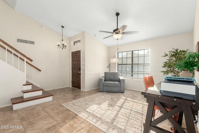 15621 S 37th Way, Phoenix, AZ 85048 - home office featuring vaulted ceiling, visible vents, light tile patterned flooring, baseboards, and ceiling fan with notable chandelier