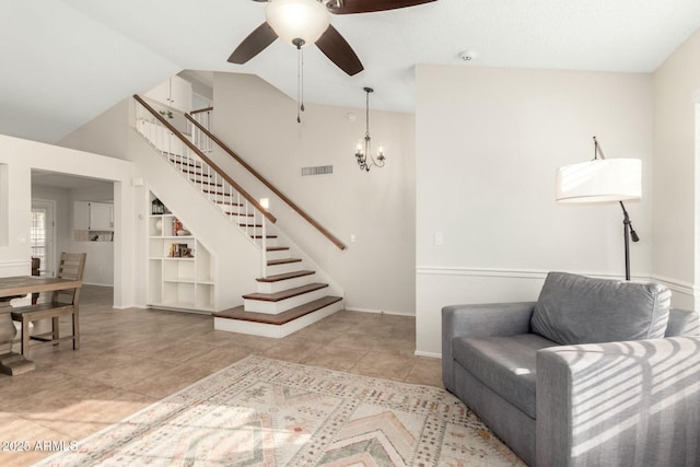 15621 S 37th Way, Phoenix, AZ 85048 - living area featuring stairway, visible vents, light tile patterned flooring, baseboards, and ceiling fan with notable chandelier