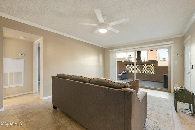 tiled living room with crown molding, a textured ceiling, and ceiling fan