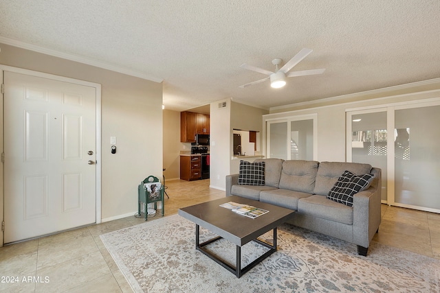 tiled living room with crown molding, a textured ceiling, and ceiling fan