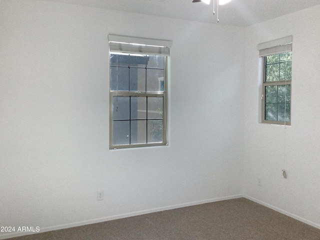 spare room featuring ceiling fan and carpet floors