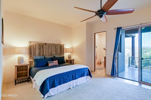 bedroom with a ceiling fan, ensuite bath, access to outside, and light colored carpet