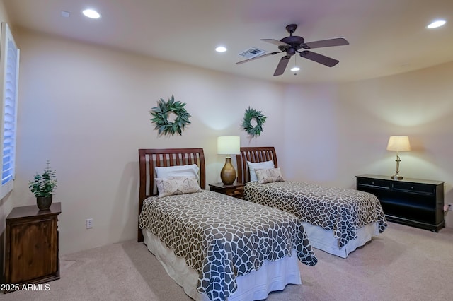 carpeted bedroom featuring visible vents, recessed lighting, and a ceiling fan