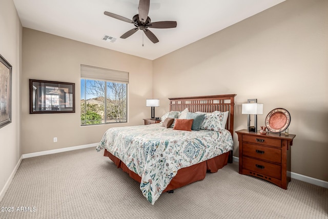 bedroom featuring visible vents, ceiling fan, baseboards, and carpet floors