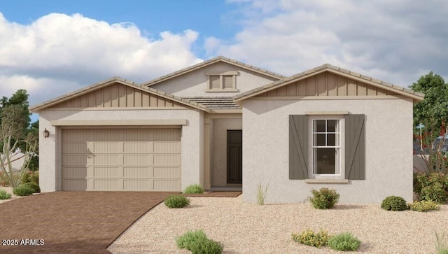 view of front facade featuring decorative driveway, an attached garage, and stucco siding