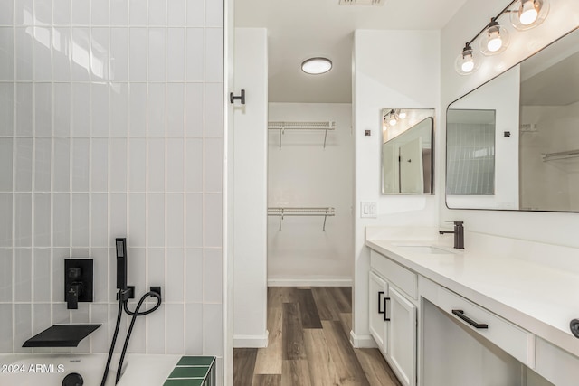bathroom with hardwood / wood-style flooring and vanity