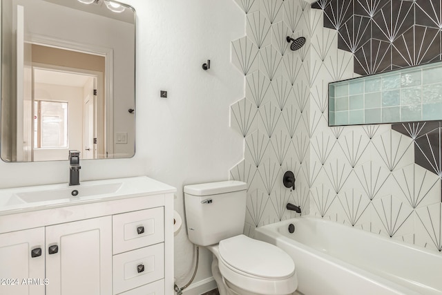 full bathroom featuring shower / bathing tub combination, vanity, tile walls, and toilet