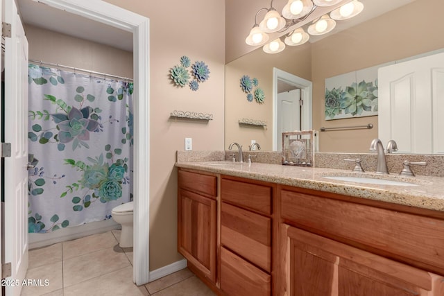 full bathroom with vanity, tile patterned floors, toilet, and shower / tub combo with curtain