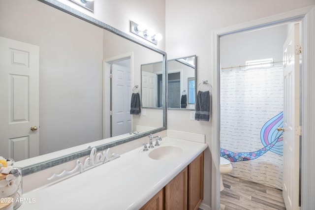 bathroom featuring vanity, curtained shower, toilet, and wood-type flooring