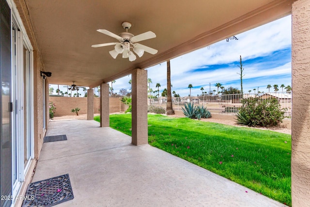 view of patio / terrace featuring ceiling fan and a fenced backyard