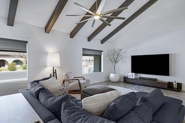 living area with baseboards, ceiling fan, high vaulted ceiling, and beamed ceiling