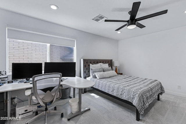 carpeted bedroom featuring ceiling fan, visible vents, baseboards, and recessed lighting