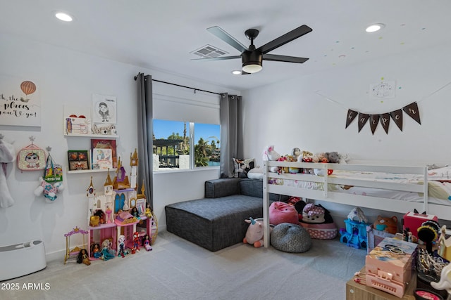 bedroom featuring carpet floors, a ceiling fan, visible vents, and recessed lighting