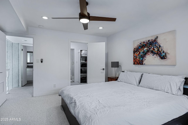 bedroom with a ceiling fan, carpet, baseboards, and recessed lighting