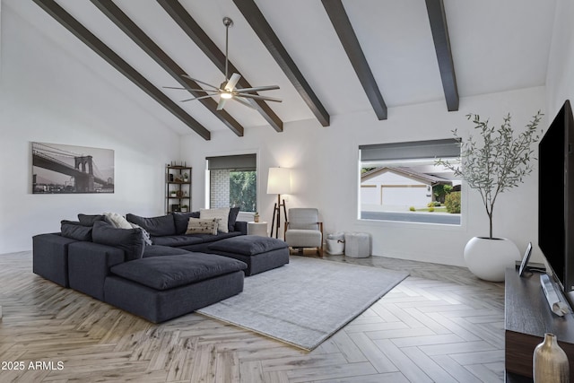 living room with ceiling fan, high vaulted ceiling, and beam ceiling