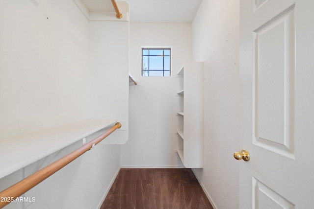 walk in closet featuring dark colored carpet