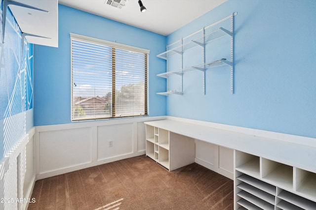 walk in closet with built in desk and carpet flooring