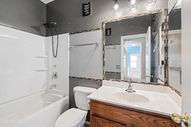 full bathroom featuring toilet, shower / tub combination, and vanity