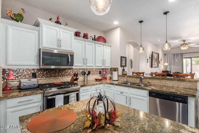 2685 N 132nd Dr, Goodyear, AZ 85395 - kitchen with stainless steel appliances, a sink, a peninsula, tasteful backsplash, and recessed lighting