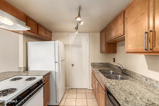 kitchen with black dishwasher, brown cabinets, white electric range, a sink, and under cabinet range hood