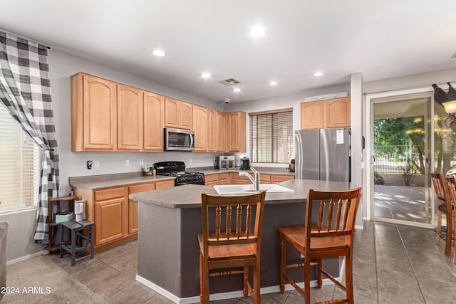 kitchen featuring stainless steel appliances, sink, a healthy amount of sunlight, a kitchen breakfast bar, and a kitchen island with sink