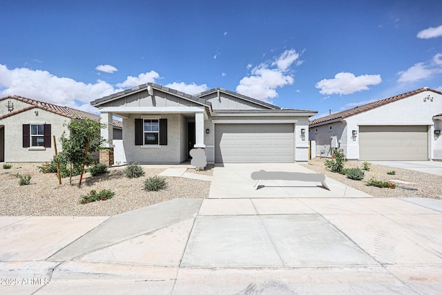 ranch-style house with a tile roof, a garage, stucco siding, a porch, and concrete driveway