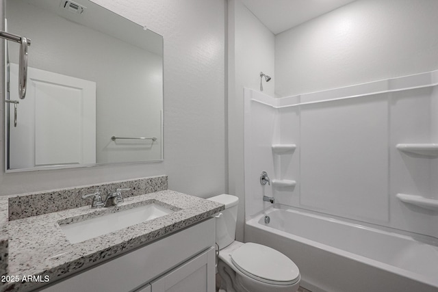 full bath featuring visible vents, shower / bath combination, toilet, and vanity